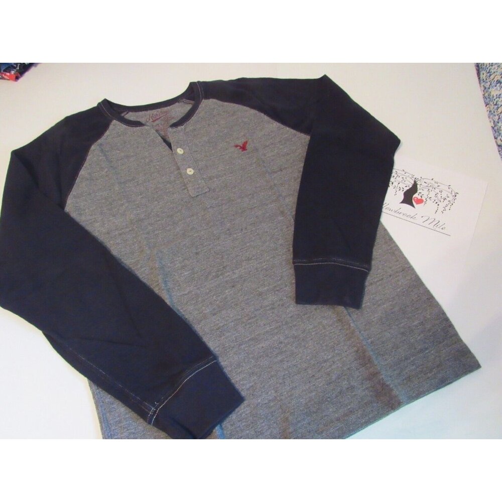 Mens American Eagle L/S Gray / Black Thermal Henley Sz LG